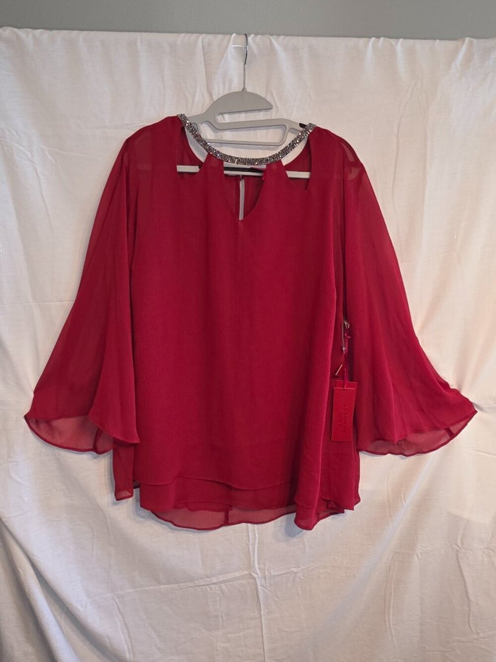 Jennifer Lopez Blouse Sz 1X Rhinestone Neckline Bell Sleeve Top Bold Party NWT - Picture 3 of 14